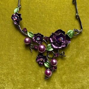 Floral Statement Necklace - Purple Pearl & Green Dress Leaf Accent